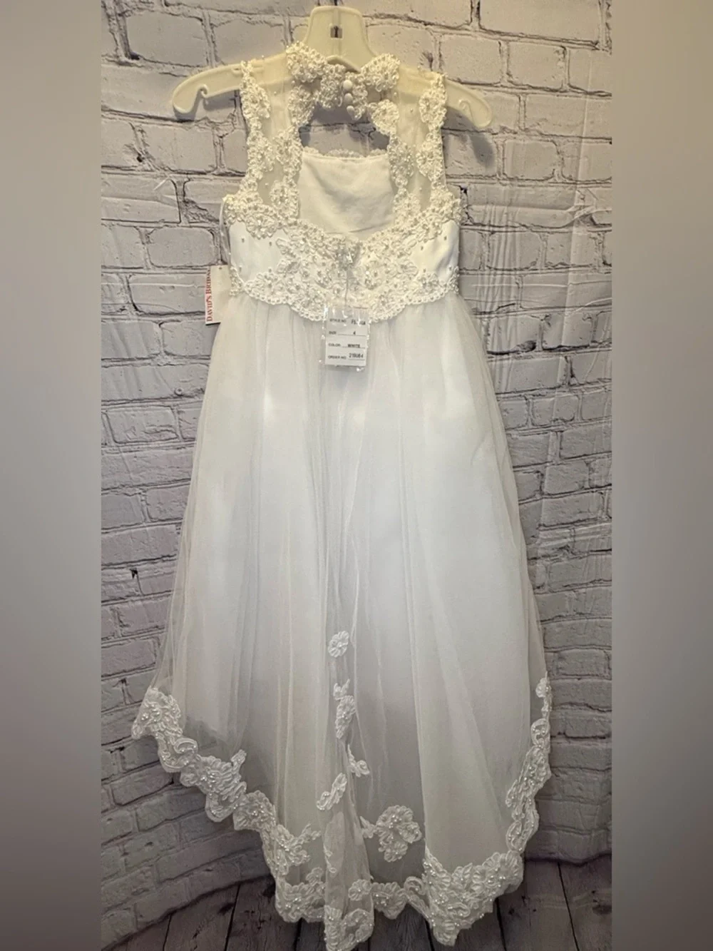 David's Bridal White Embroidered Tulle Flower Girl Dress - Picture 11 of 16